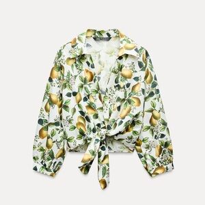 ZARA V-Neck Knot Button Cotton Shirt/Blouse Fruit Pear Print Sz Medium NEW White